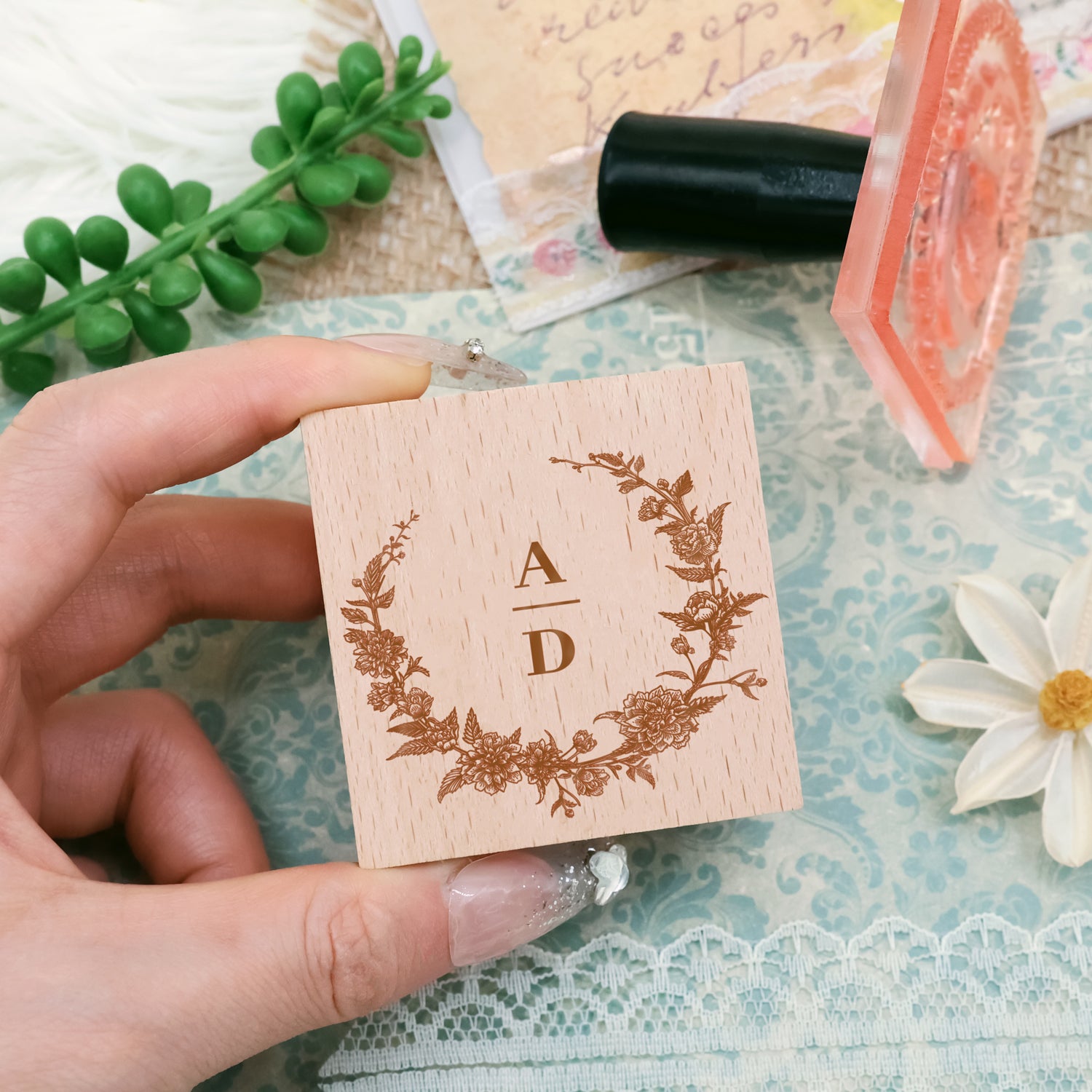 Custom Botanical Wedding Monogram Rubber Stamp (18 Designs)1