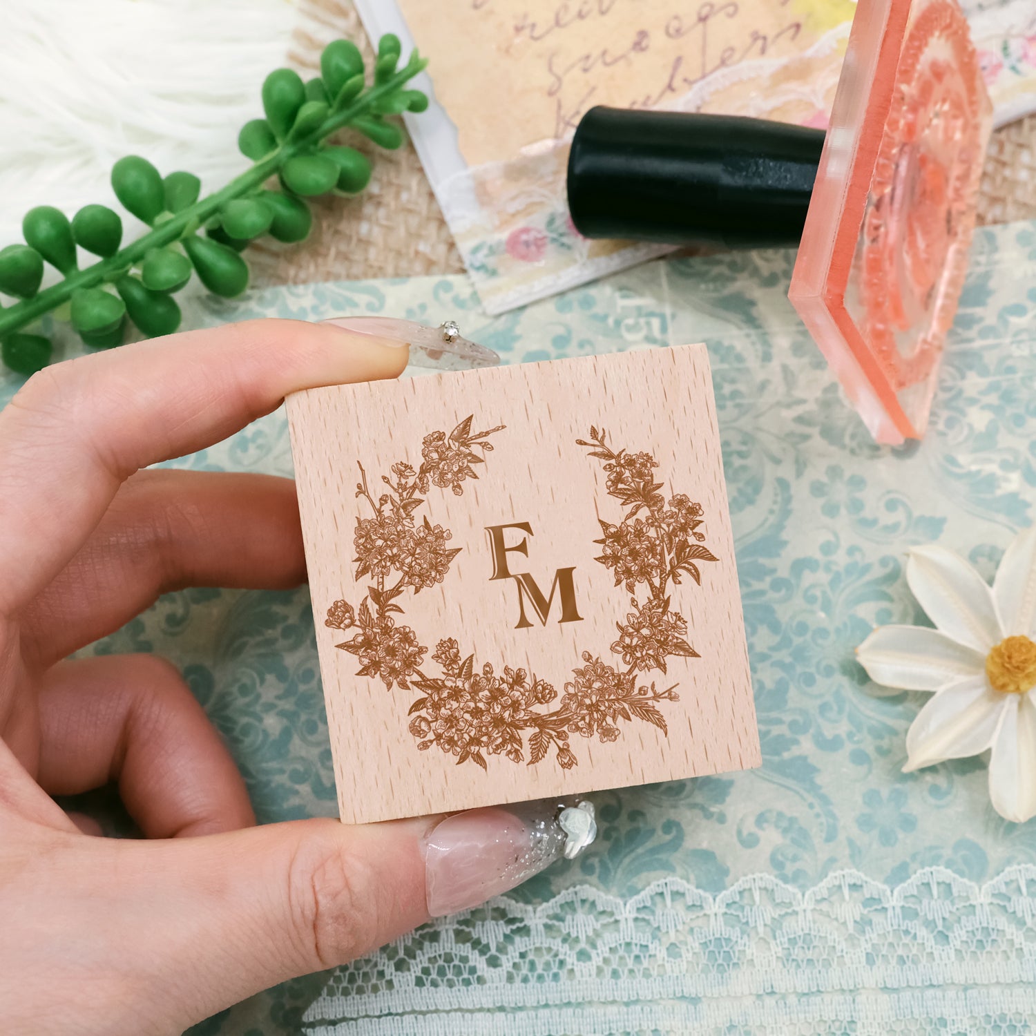 Sello de caucho personalizado de monograma botánico para boda -SKU3 2