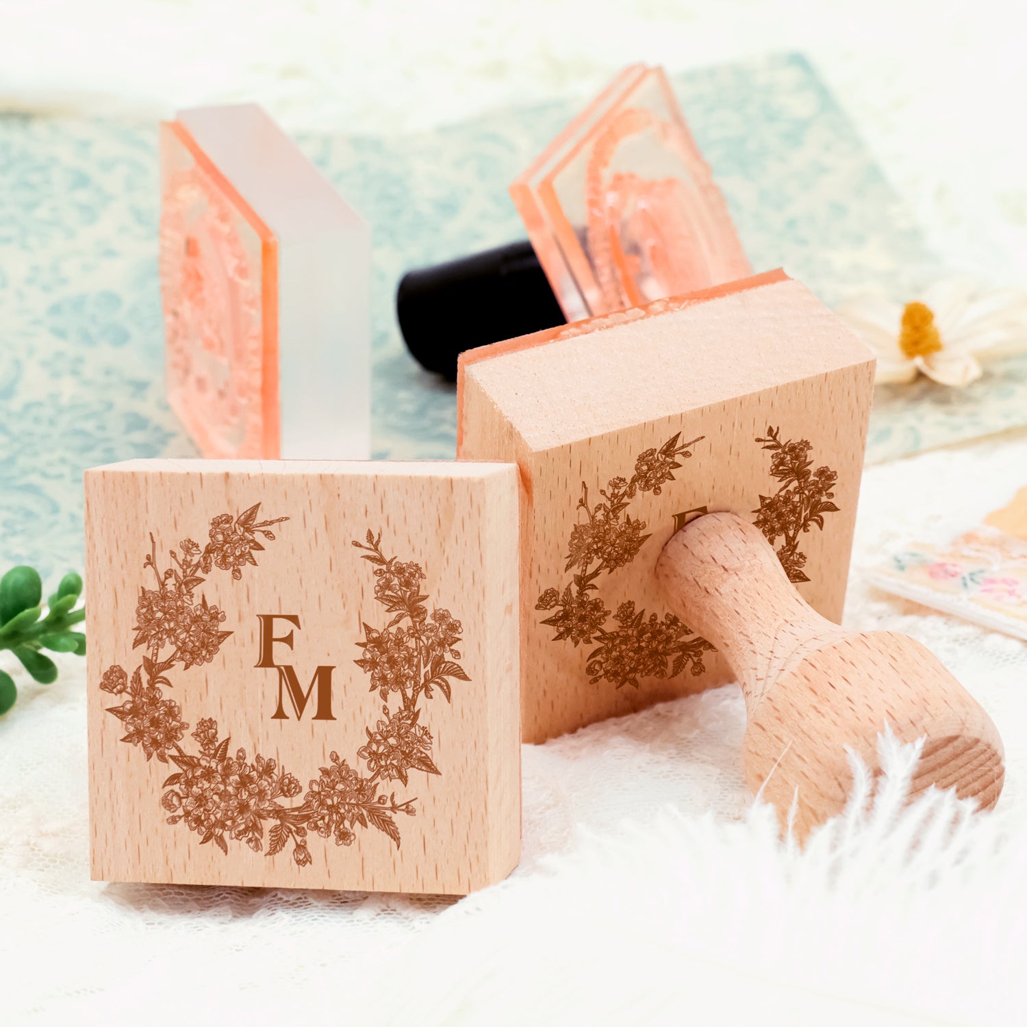 Sello de Caucho Personalizado de Monograma de Boda Botánico -SKU3 4