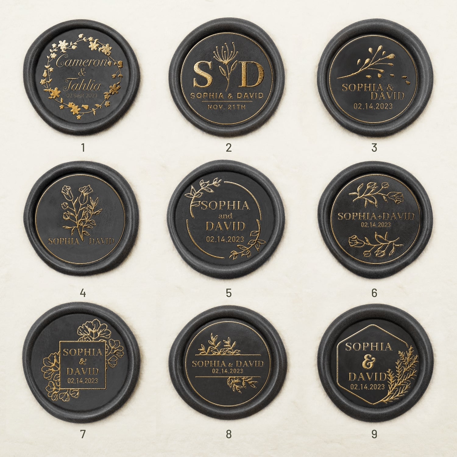 Pegatinas de Sello de Lacre Autoadhesivo Personalizado para Bodas (27 Diseños) Boda-Nombre-y-Fecha1-9