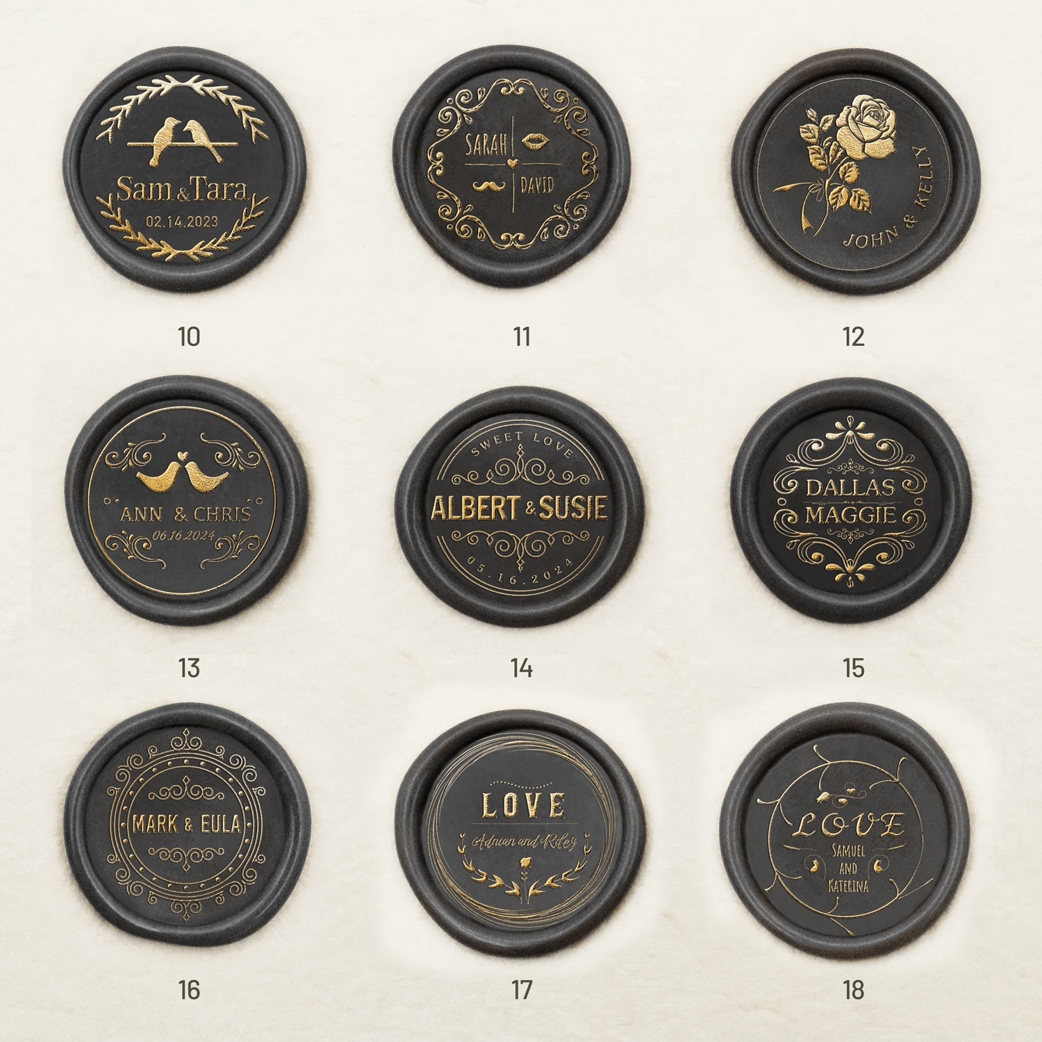 Pegatinas Personalizadas de Sello de Lacre Autoadhesivo para Boda (27 Diseños) Wedding-Name-&-Date10-18