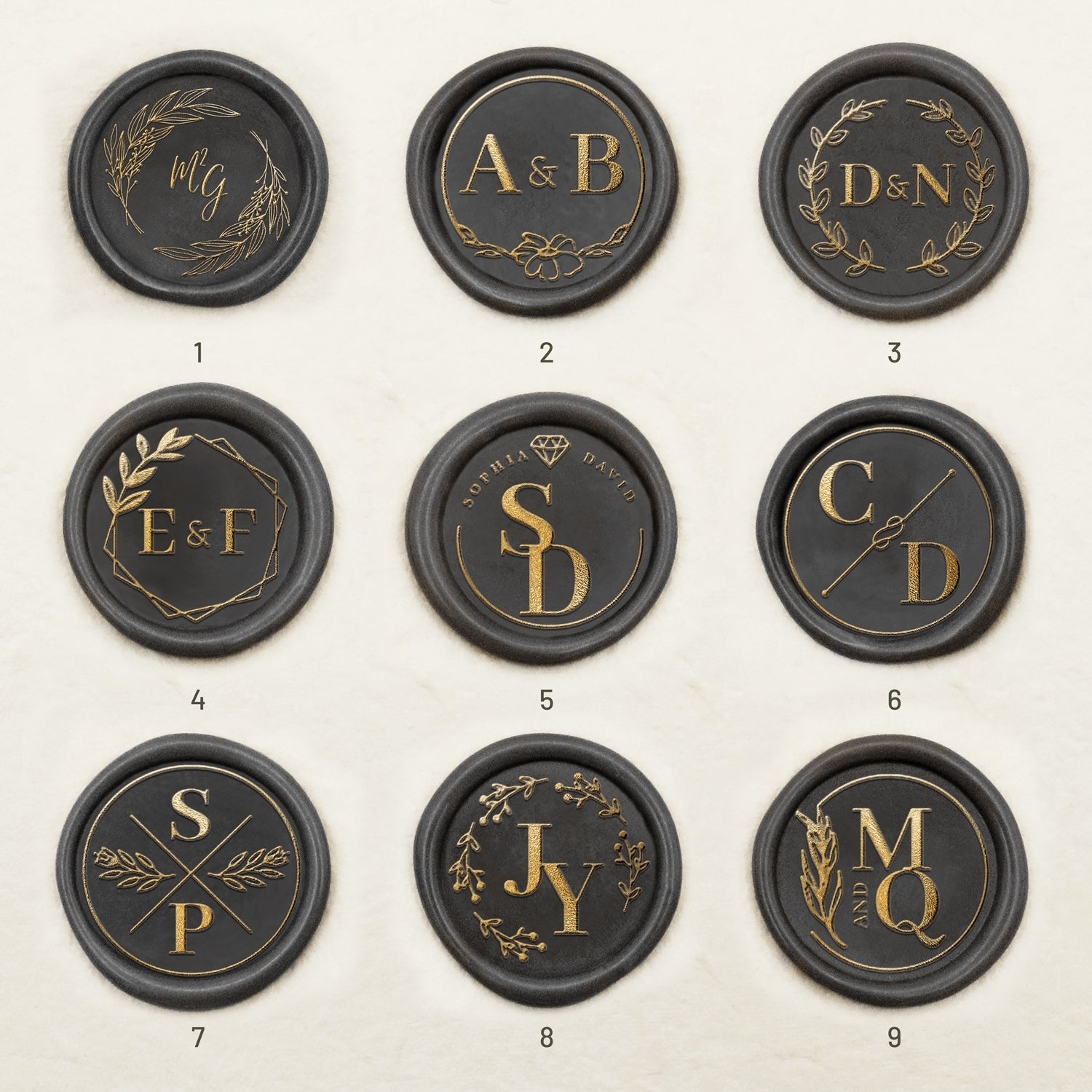 Pegatinas de Sello de Lacre Autoadhesivo con Monograma de Boda Personalizado (36 Diseños) 1-9