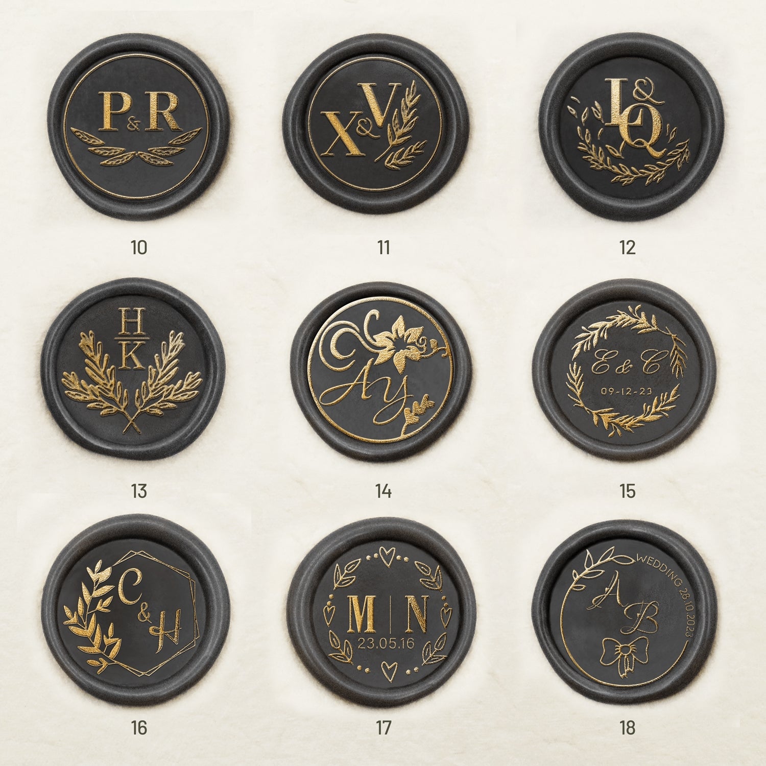 Pegatinas Autoadhesivas de Sello de Lacre con Monograma Personalizado para Boda (36 Diseños) 10-18
