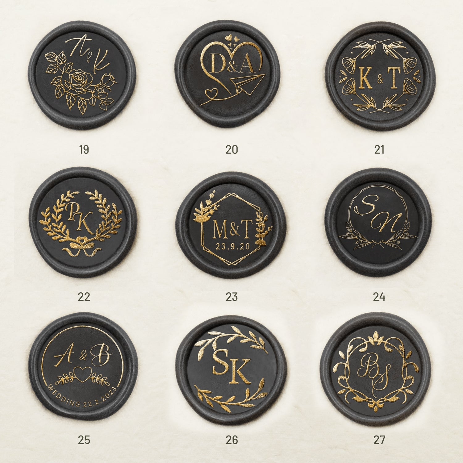 Pegatinas de Sello de Lacre Autoadhesivo de Monograma de Boda Personalizado (36 Diseños) 19-27