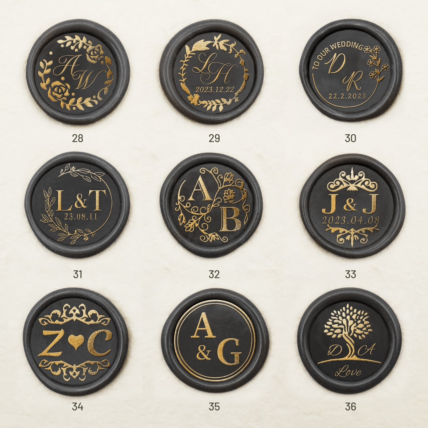 Pegatinas de Sello de Lacre Autoadhesivo con Monograma de Boda Personalizado (36 Diseños) 28-36