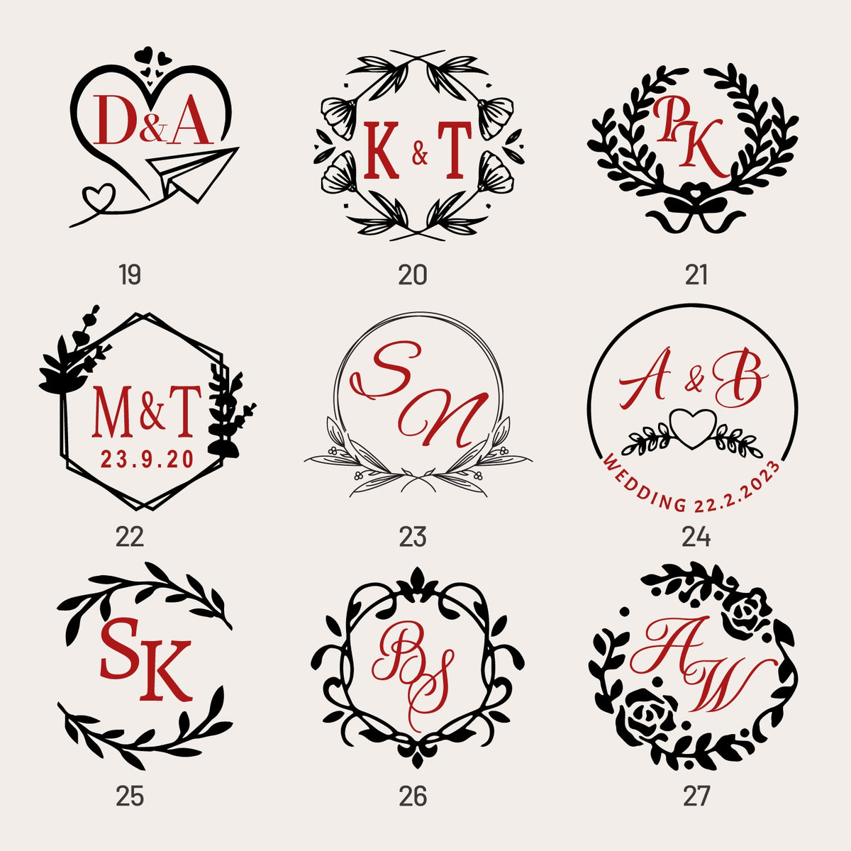 Custom Wedding Monogram Rubber Stamp (36 Designs) sku3