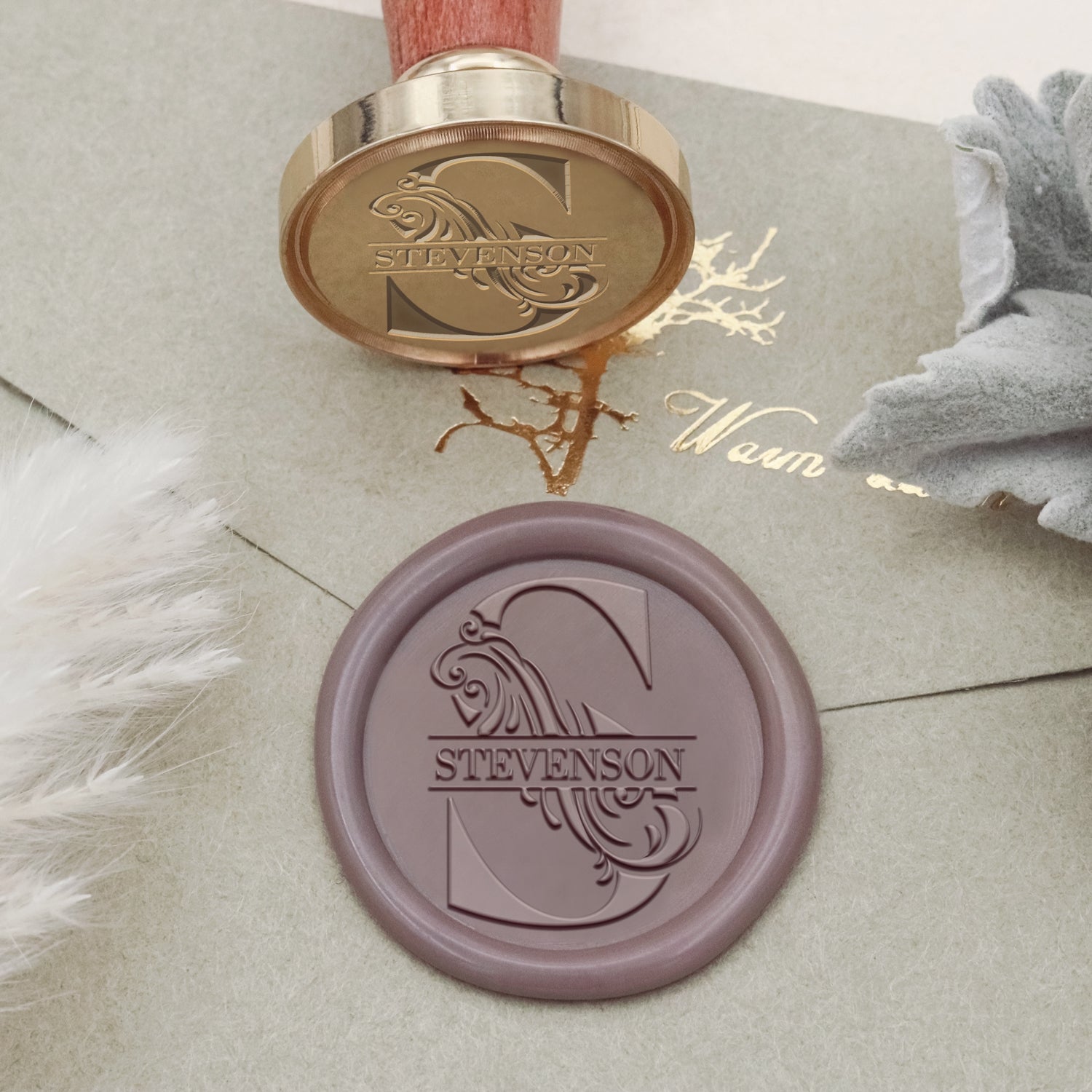 Sello de Caucho de Lacre Personalizado con Inicial y Nombre de Enredaderas Curvadas 2