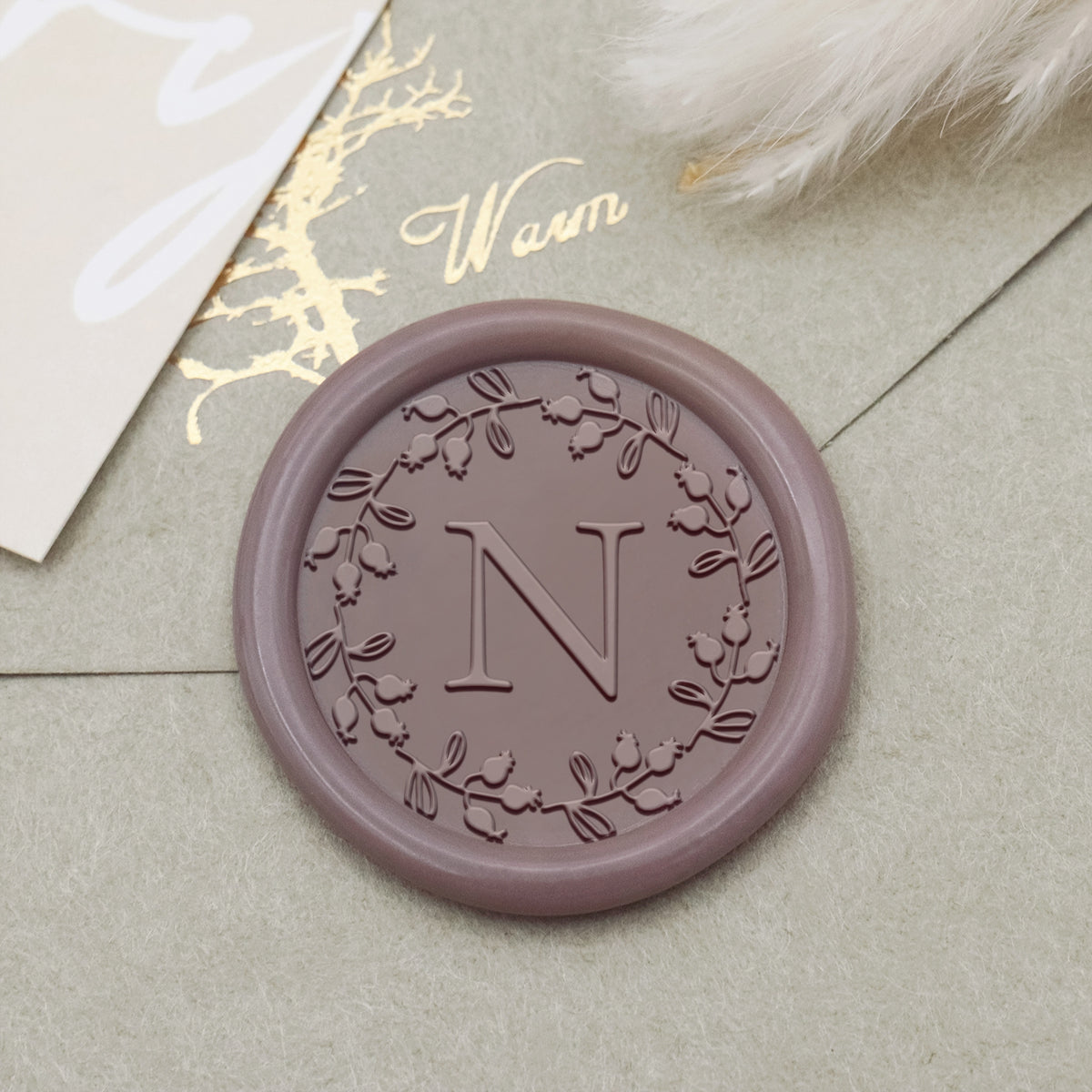 Sello de Caucho de Lacre con Inicial Única y Borde Botánico Personalizado - Estilo 13 1