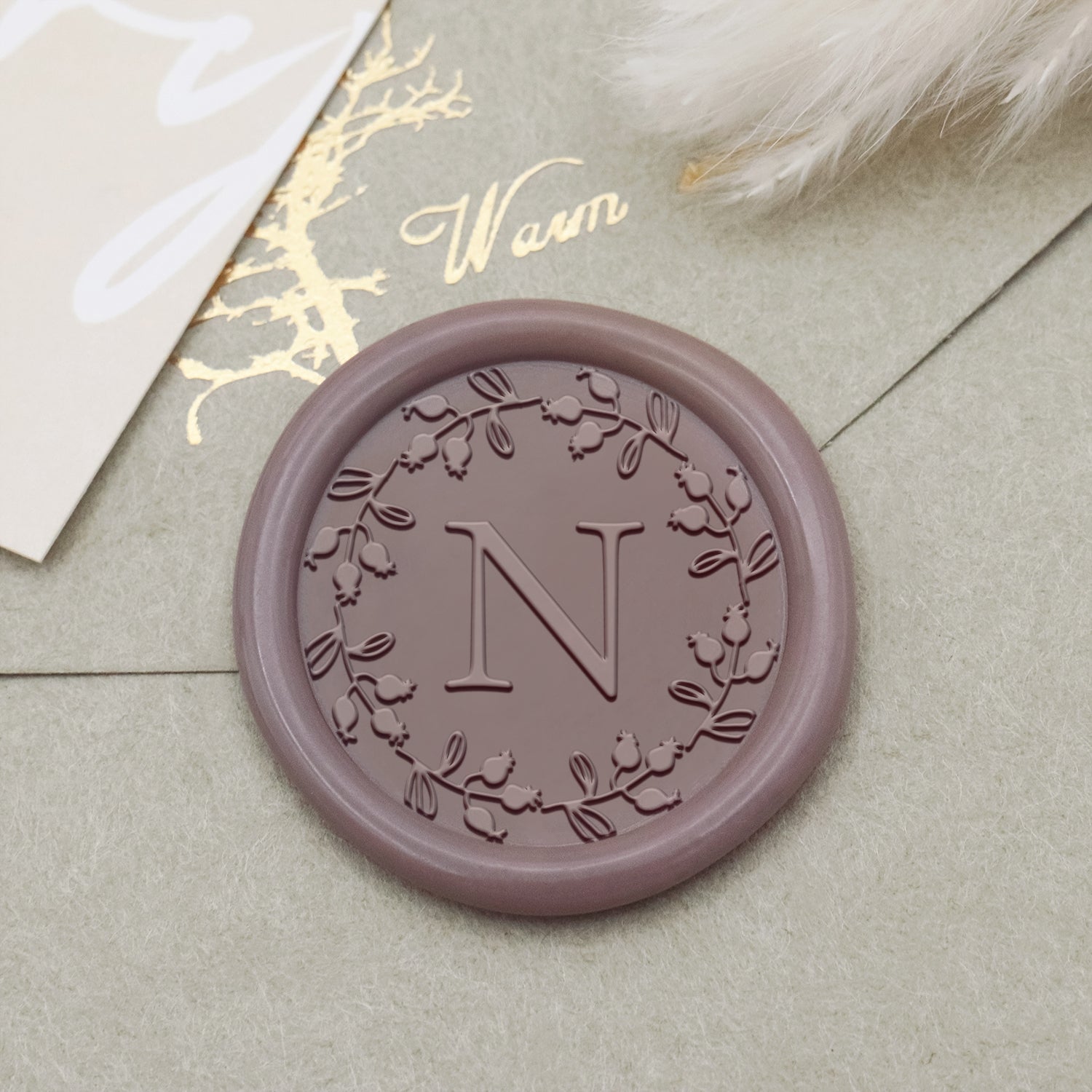 Sello de Caucho de Lacre con Inicial Única y Borde Botánico Personalizado - Estilo 13 1