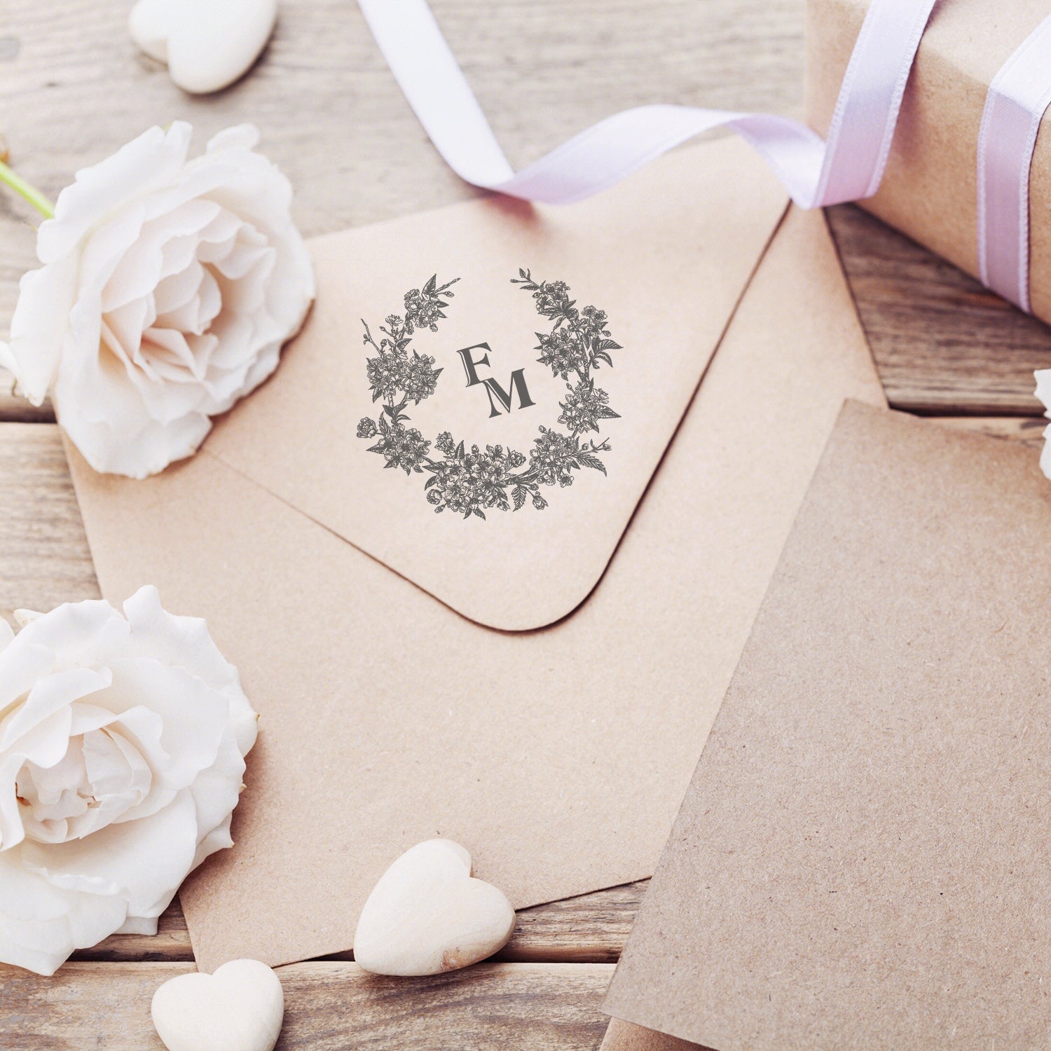 Sello de caucho personalizado con monograma botánico para boda - Estilo 3 wd3