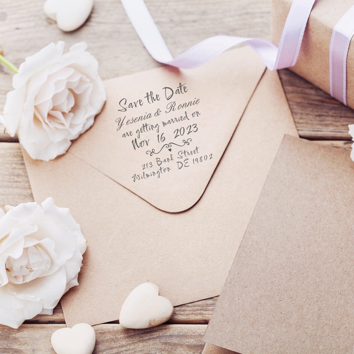 Sello de Caucho de Boda Personalizado con Fuente de Escritura a Mano de Texto Puro para Guardar la Fecha6