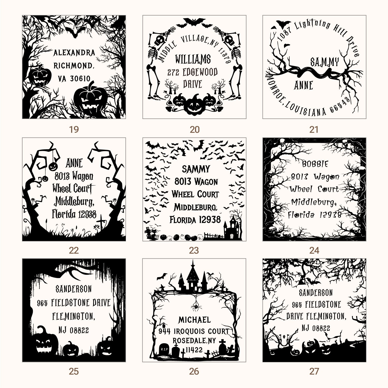 Sello de Caucho de Dirección de Halloween Personalizado (27 Diseños) sku3