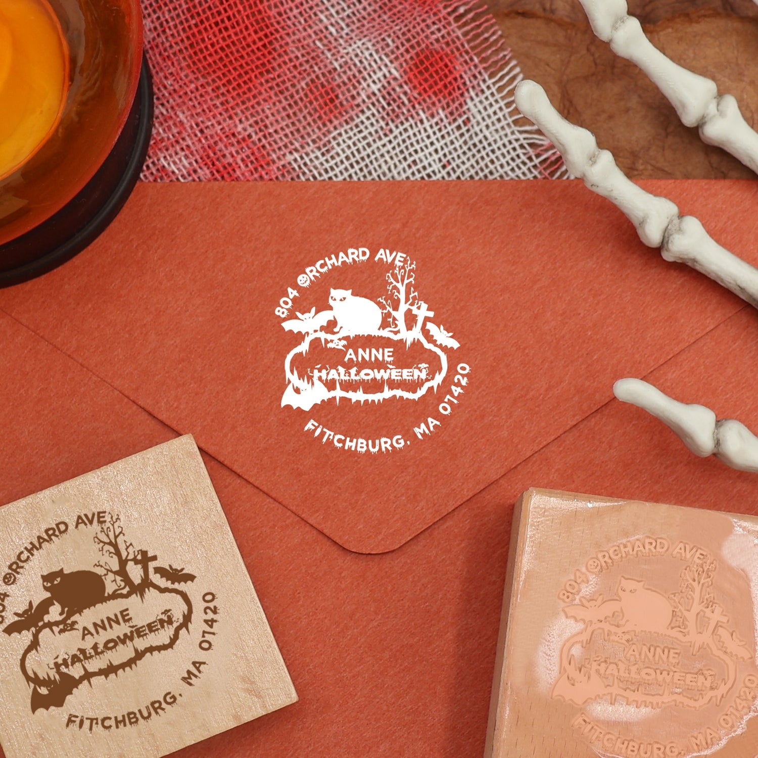 Sello de Caucho de Dirección de Halloween de Murciélago y Gato Personalizado