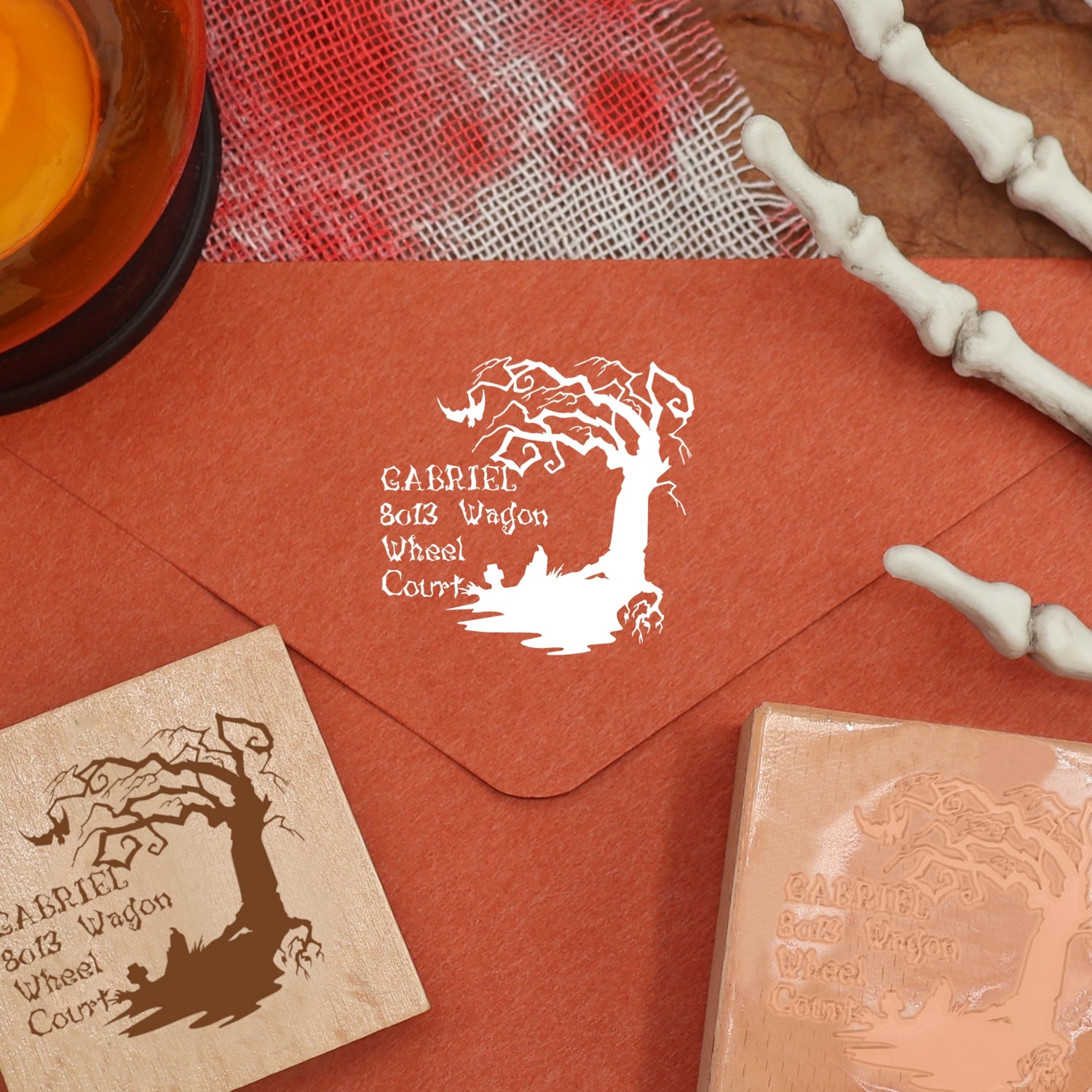 Sello de caucho personalizado de árbol espeluznante de Halloween para dirección