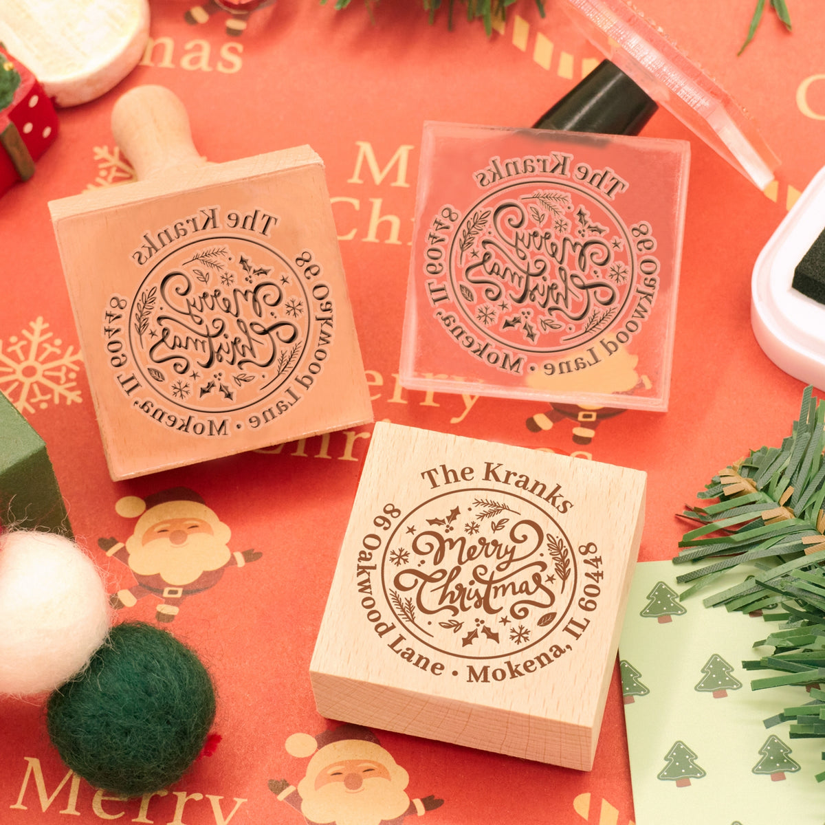 Sello de caucho personalizado de dirección con texto de Feliz Navidad1