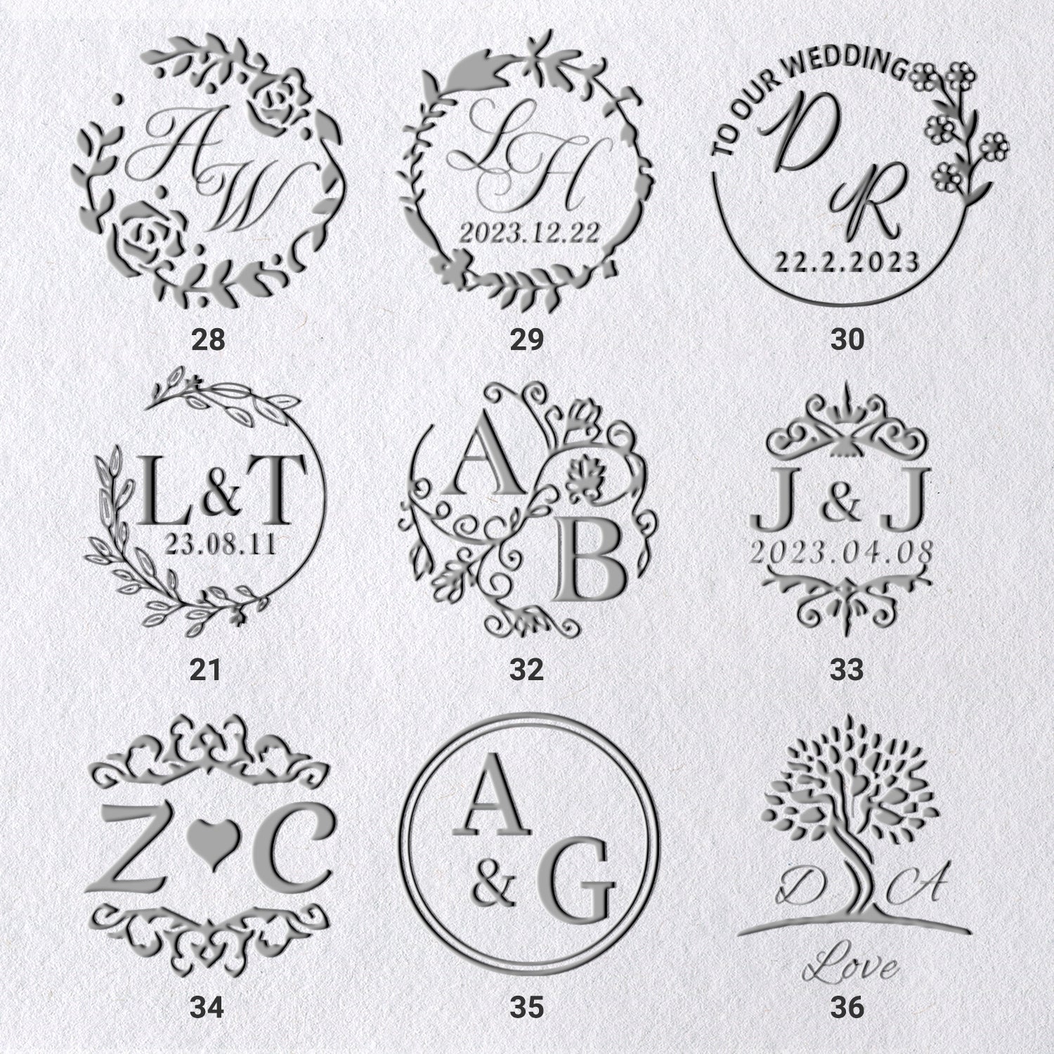 Sellos secos de Monograma de Boda con Iniciales Personalizadas (36 Diseños) 28-361