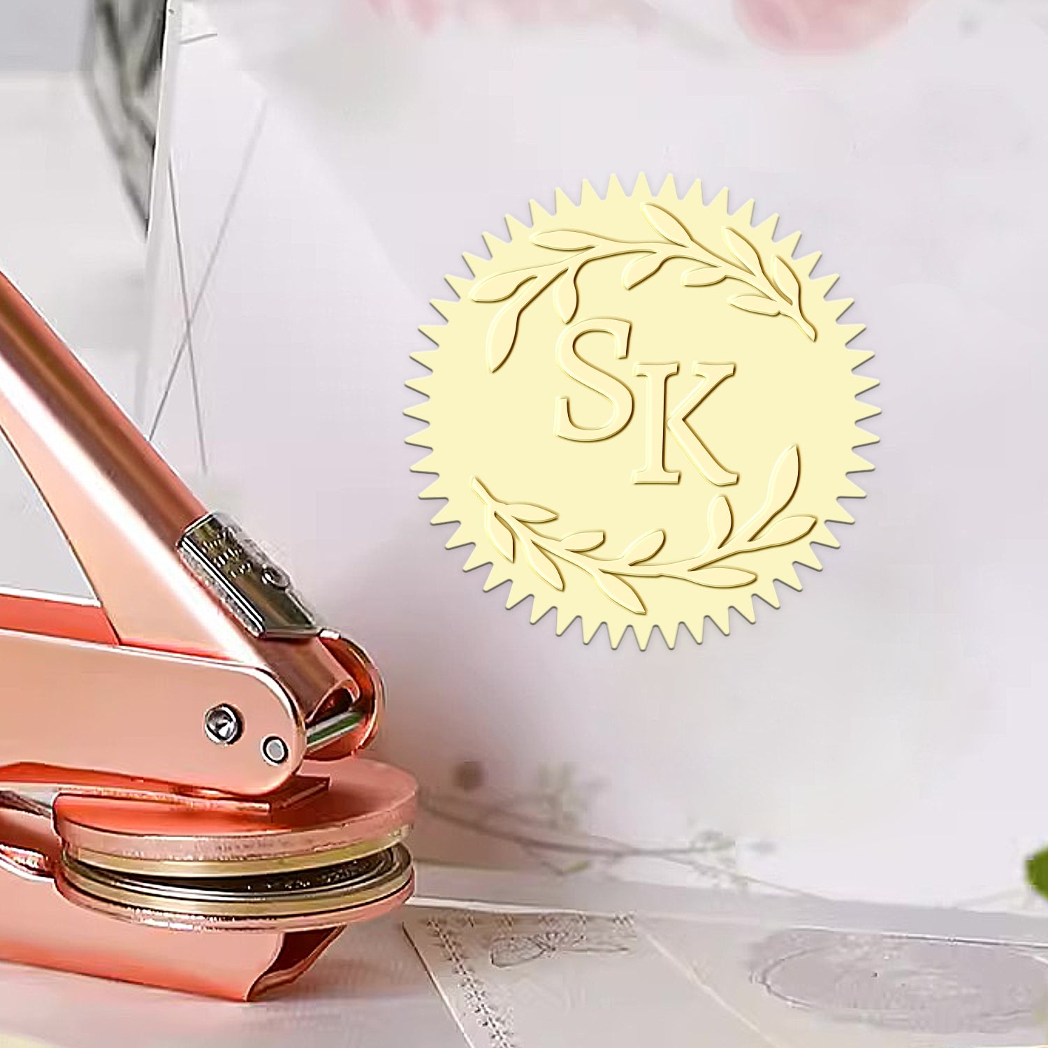 Sello en seco de Boda con Monograma Personalizado de Iniciales y Rama 1-261