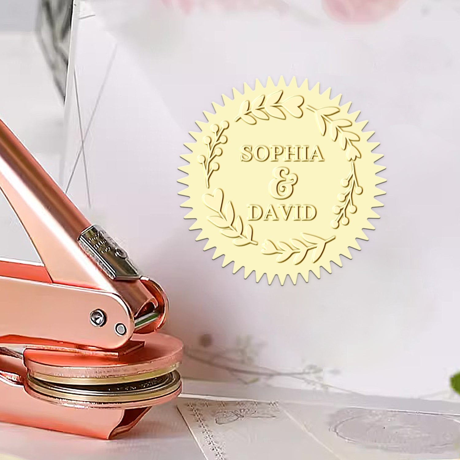 Sello en Seco Personalizado de Media Corona de Ramas para Bodas 1-91