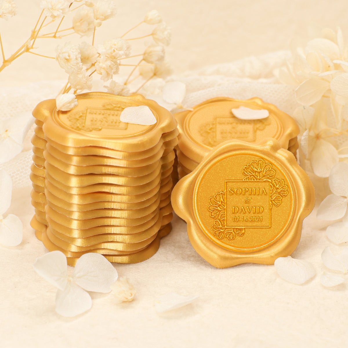 Pegatinas de Sello de Lacre Personalizado de Rosa Floreciente de Boda con Nombre y Fecha 2-7