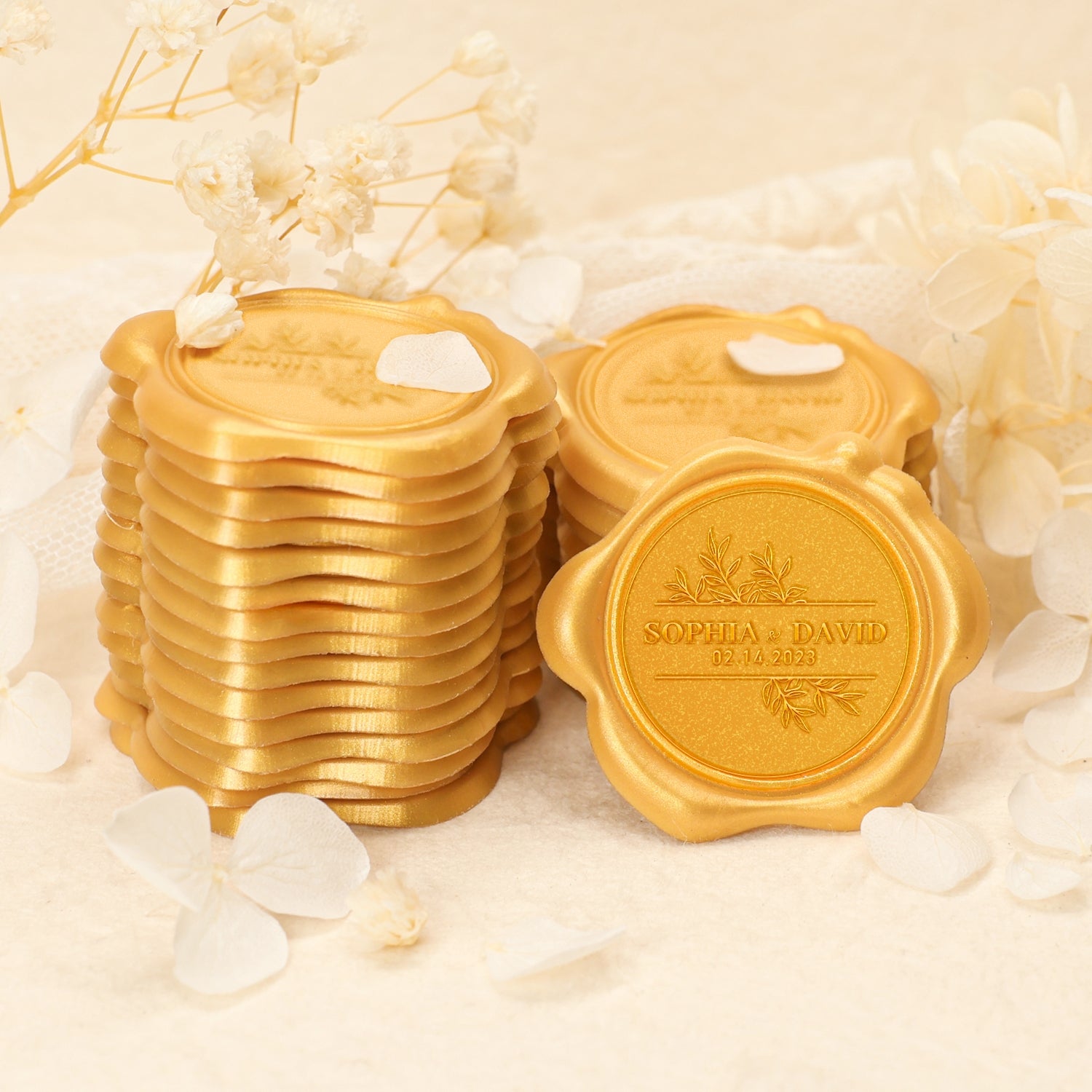Pegatinas de Sello de Lacre Personalizadas de Hojas con Nombre y Fecha de Boda 2-8