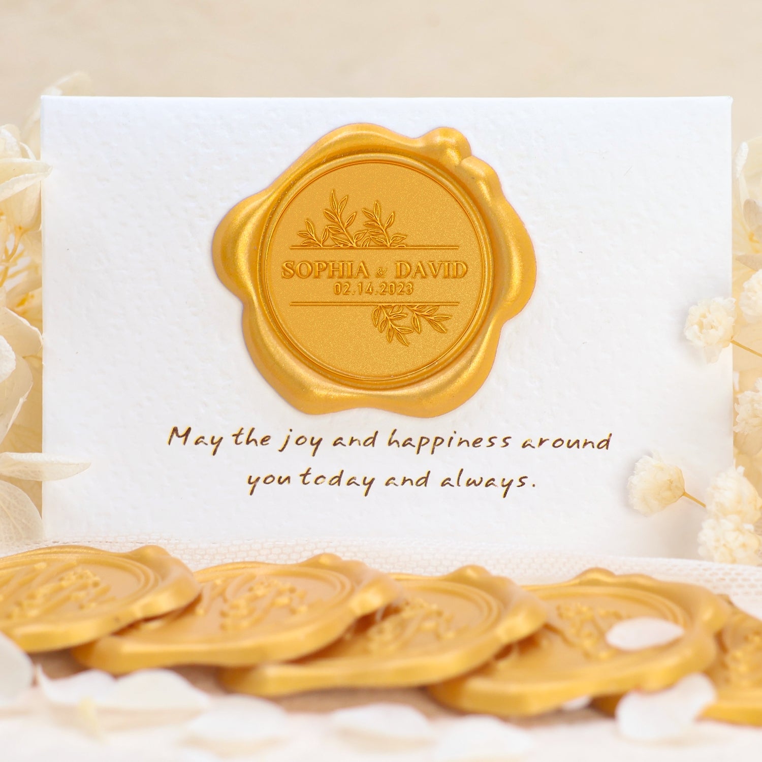 Pegatinas de Sello de Lacre Personalizado con Hojas para Boda con Nombre y Fecha 1-8