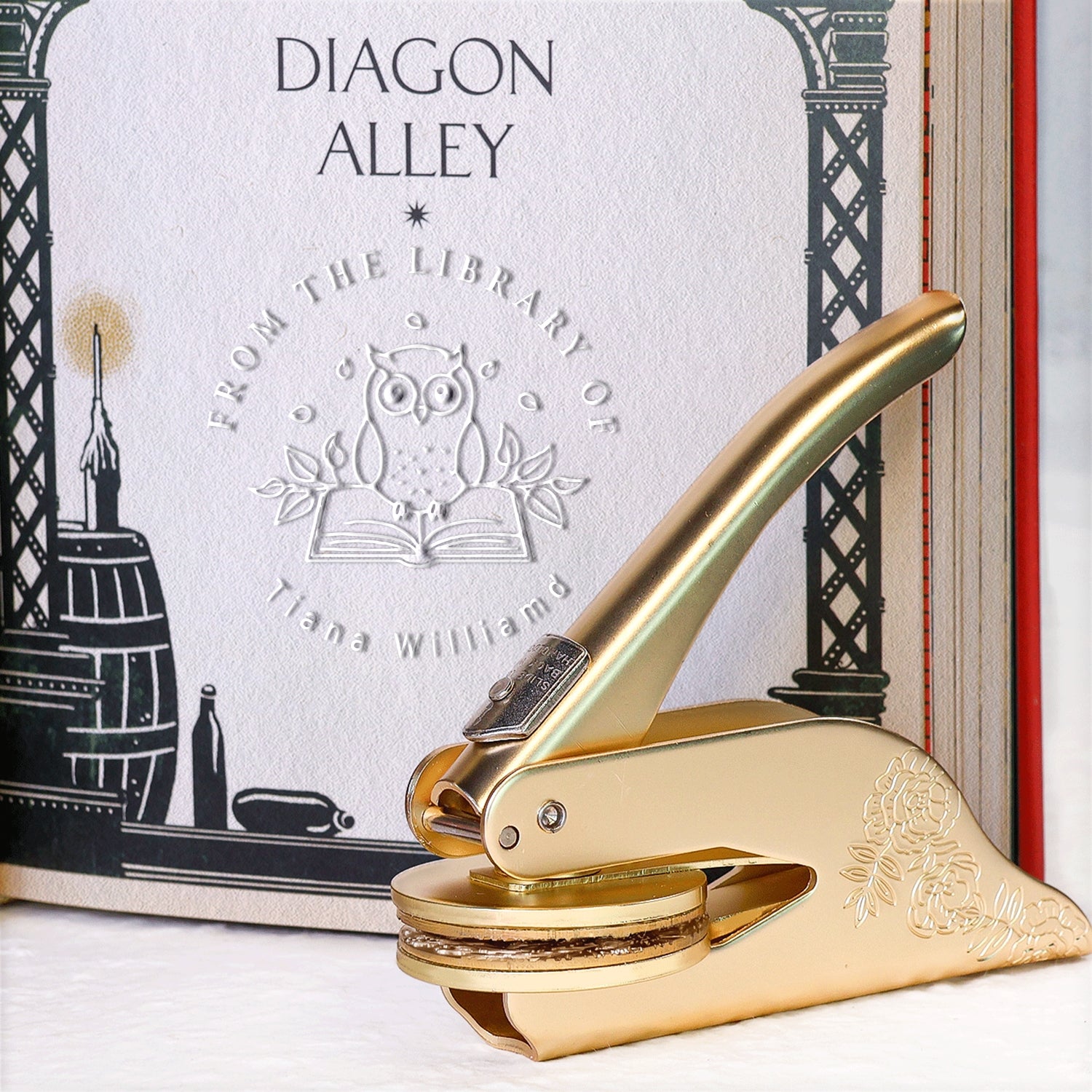 Sello en seco personalizado de búho de la biblioteca1