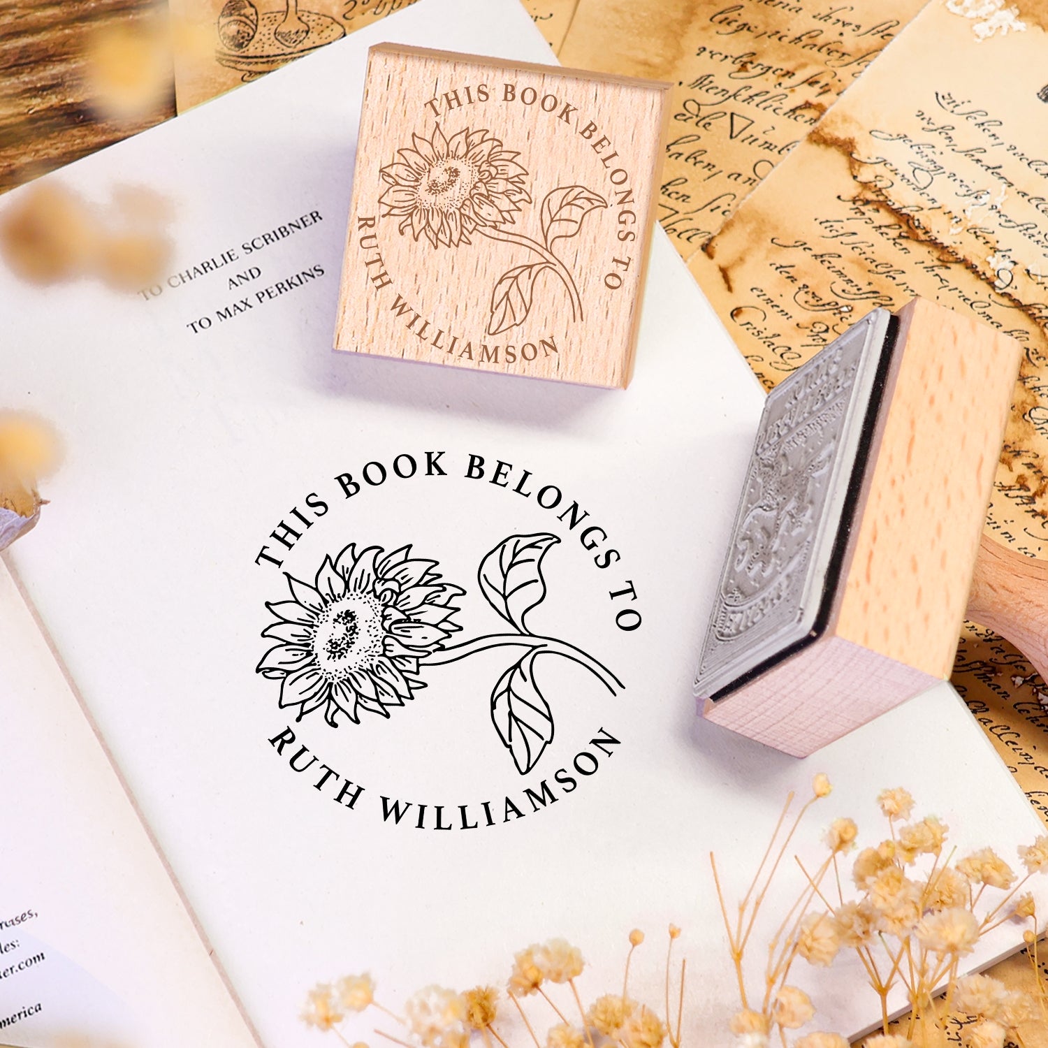 Sello de Caucho de Madera Personalizado Ex Libris de Libro con Doble Golondrina Voladora 2