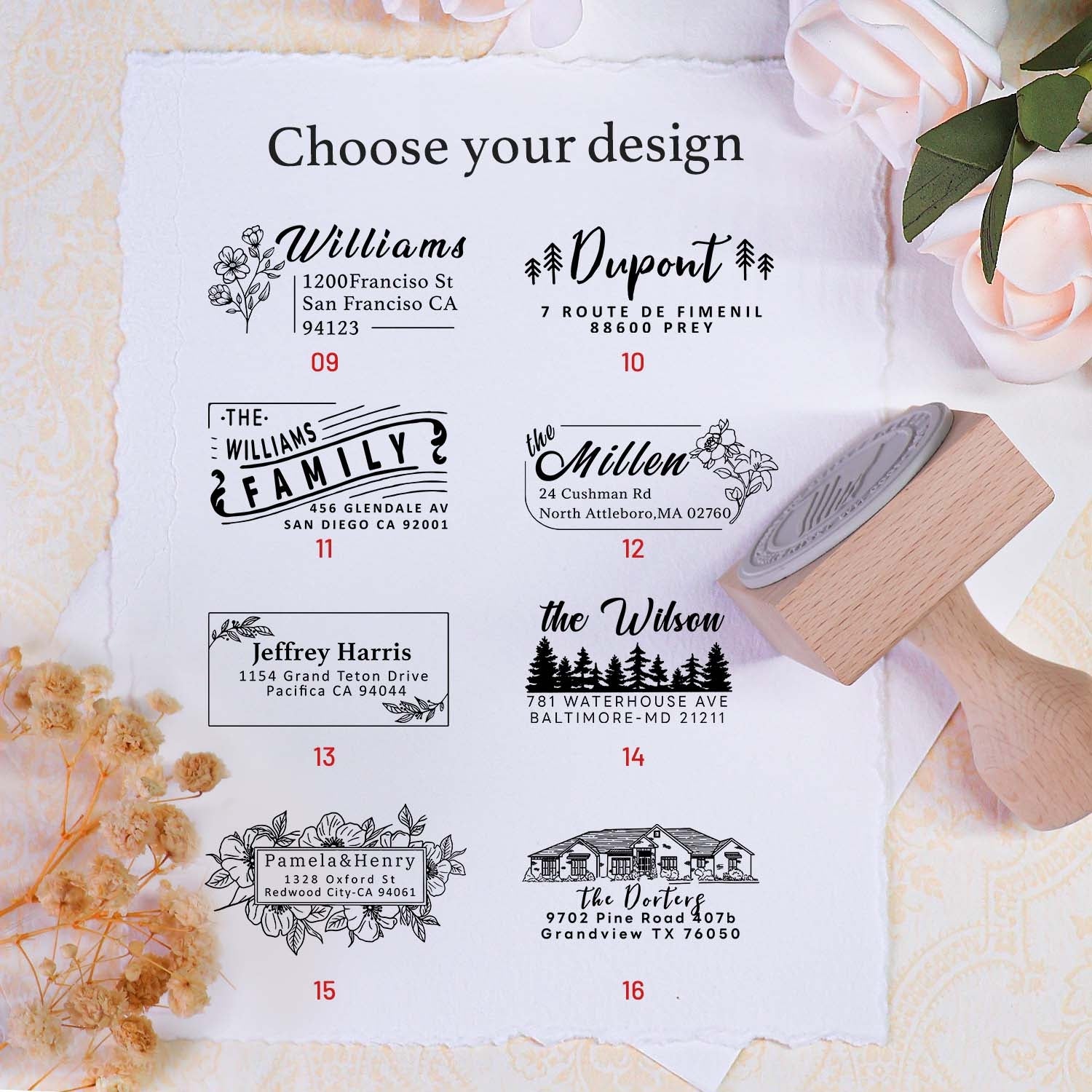 Sello de caucho de dirección de madera rectangular personalizado - 18 Diseños2