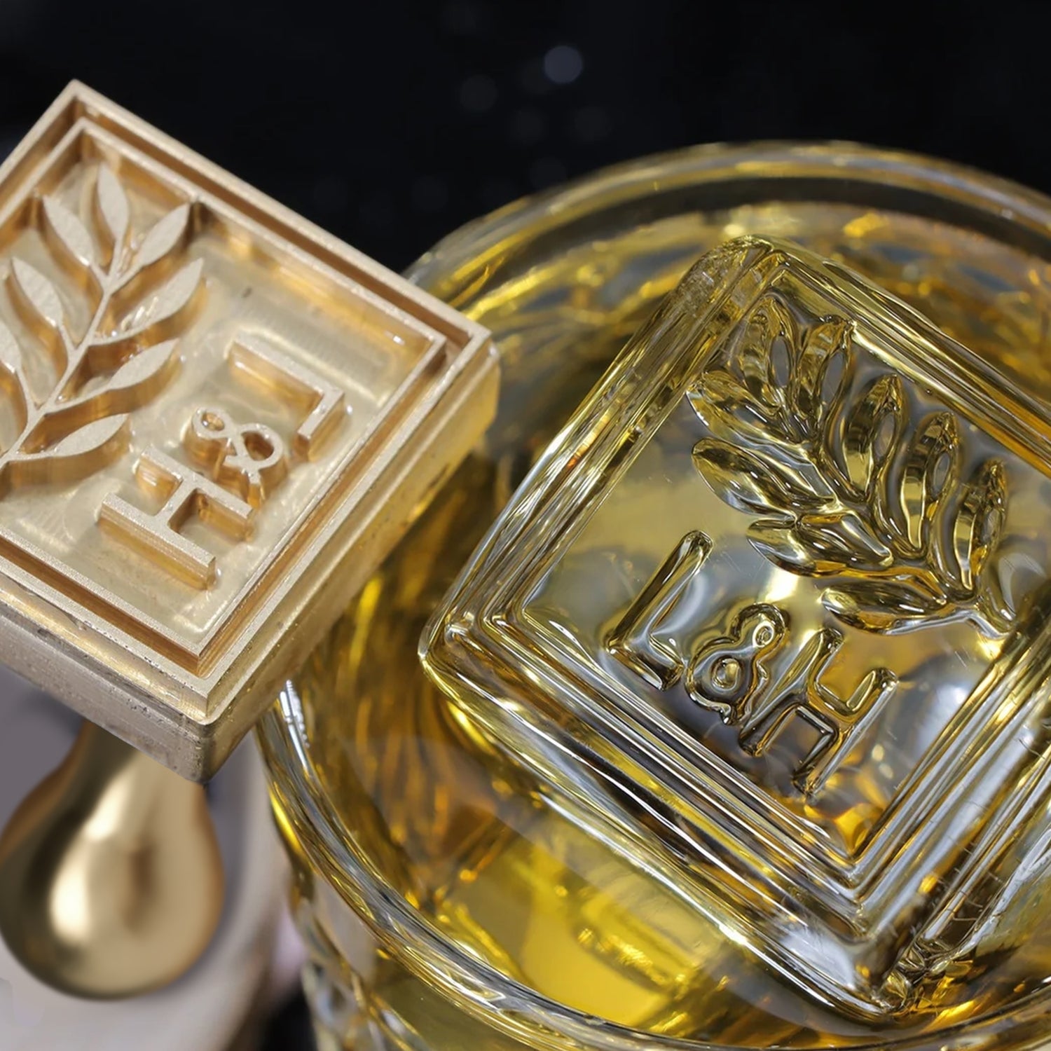 Square Laurel Double Monogram Brass Ice Stamp for Bartender & Planner